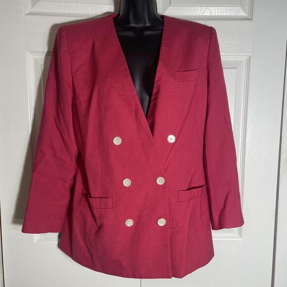 Vintage 90s Sasson Blazer Women 12 Pink Double Breasted Lined Career Jacket - Picture 1 of 14